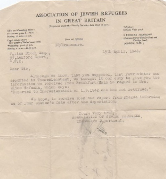 Letter to Elise Hofmann’s brother from the Association of Jewish Refugees in Great Britain dated 15 April 1946 | © Karen Levi