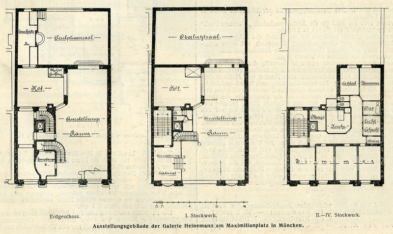Grundriss des Wohn- und Geschäftshauses der Galerie Heinemann, 1904 Im Erdgeschoss und im ersten Stock befanden sich die Ausstellungsräume, im zweiten Stock die Privaträume der Familie Heinemann. Die imposanten Skulpturen- und Oberlichtsäle waren zweigeschossig. Quelle: Blätter für Architektur und Kunsthandwerk 18 (1905), Heft 1, S. 1.