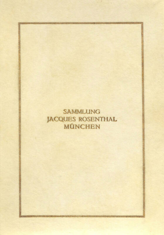 Privater Sammlungskatalog von Jacques Rosenthal aus dem Jahr 1914 Das Forschungsprojekt zur „Rekonstruktion der Sammlung von Jacques und Emma Rosenthal“ untersucht den Umfang der privaten Sammlung von Jacques Rosenthal, die Umstände des Verkaufs der Sammlung und den Verbleib der einzelnen Werke. Glücklicherweise war die Sammlung 1914 umfassend dokumentiert worden; der Sohn schenkte dem Vater diesen in nur wenigen Exemplaren gedruckten Bestandskatalog. Quelle: Erwin Rosenthal: Sammlung Jacques Rosenthal München. Bilder und Globen im Besitz von Jacques Rosenthal, München 1914 (Katalog ist in Privatbesitz).