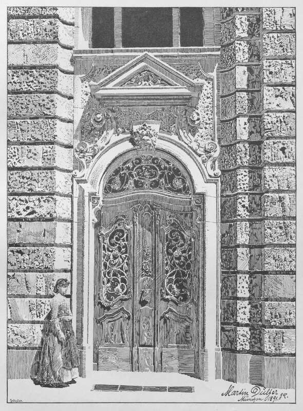 Haustür an der Südseite, Skizze von Martin Dülfer, 1891 „Die ganze Erscheinung des ebenso pompös und geistreich gedachten, künstlerisch und praktisch gleich wertvollen Baues hat für München insofern eine grosse Bedeutung, als sie darthut, wie auch am Profanbau die monumentale Erscheinung zur Geltung gebracht werden kann bei aller Erfüllung praktischer Erfordernisse.“ (H. E. v. B. u. Fr. W.: Taf. 4 und 5. Wohn- und Geschäftshaus des Herrn Kommerzienrat L. Bernheimer […], in: Architektonische Rundschau 9 [1893], Heft 1, o. P. [S. 1–2]). Quelle: Architektonische Rundschau. Skizzenblätter aus allen Gebieten der Baukunst 9 (1893), Heft 2, Taf. 30.