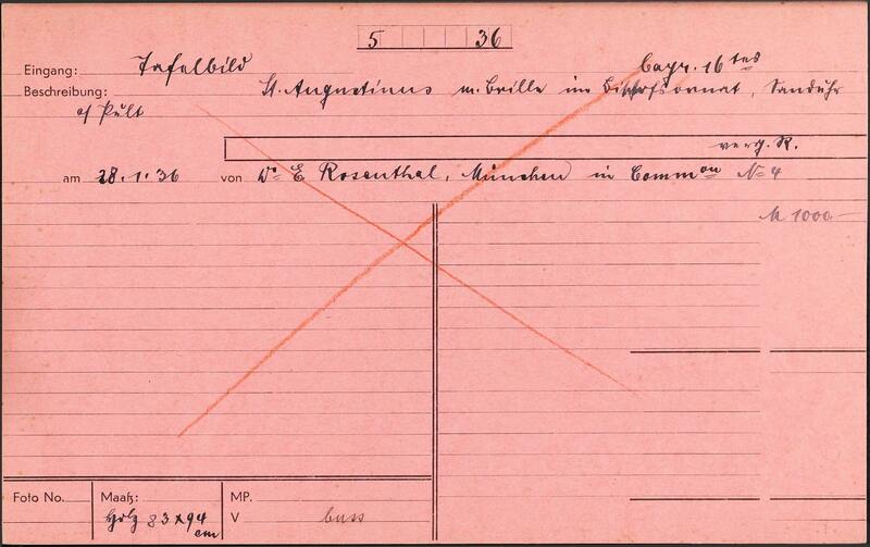 Verkauf der Kunstsammlung Zwischen März und Mai 1936 gab Erwin Rosenthal 25 Objekte aus der Sammlung seines Vaters bei dem benachbarten Kunsthändler Julius Böhler in Kommission, wie auch das Tafelbild des „Hl. Augustinus“ aus dem 16. Jahrhundert. Böhler verkaufte allerdings nur eine Handvoll selbst. Der Großteil der Sammlung wurde unter Beteiligung von Julius Böhler im neu gegründeten Münchner Kunstversteigerungshaus von Adolf Weinmüller angeboten. Quelle: Zentralinstitut für Kunstgeschichte, Archiv Julius Böhler, Karteikarte Kommission: K_005_36