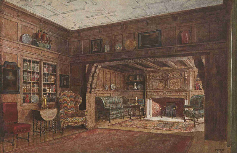 Entwurf eines Herrenzimmers von Willibald Ferber, vor 1919 „Die kulturell wertvollste Besonderheit des Hauses Bernheimer aber offenbart sich […] in der Tätigkeit seines Architekturbüros, die wieder in engster Verbindung steht mit dem künstlerischen Besitz der Firma und den Werkstätten, die sie beschäftigt […] der Besteller […] sieht im Bilde schon vorher das betreffende Interieur so, wie es nachher wirklich aussehen wird.“ (Fritz von Ostini: Das Haus Bernheimer in München, in: Innendekoration 30 [1919], Heft 1/2, S. 29). Quelle: Fritz von Ostini: Das Haus Bernheimer in München, in: Innendekoration 30 (1919), Heft 1/2, S. 27.