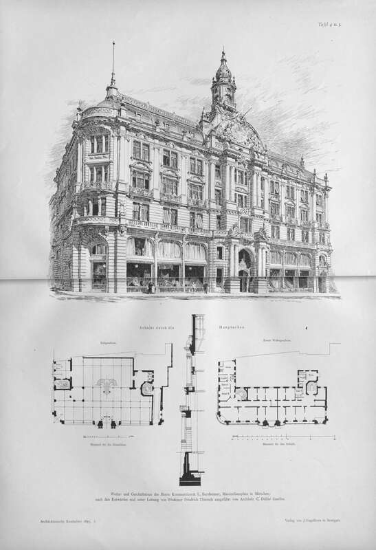 Das „neuerbaute Palais des Kommerzienrates Herrn Bernheimer“, vor 1893 … das „zu jenen Bauten gehört, welche der Isarstadt das Gepräge der Grossstadt zu verleihen berufen erscheinen“ (Architektonische Rundschau 9 [1893], Heft 1, Abb. Taf. 4–5, zit. o. S. [S. 2]). Quelle: Architektonische Rundschau. Skizzenblätter aus allen Gebieten der Baukunst 9 (1893), Heft 1, Abb. Taf. 4–5, zit. o. S. [S. 2].