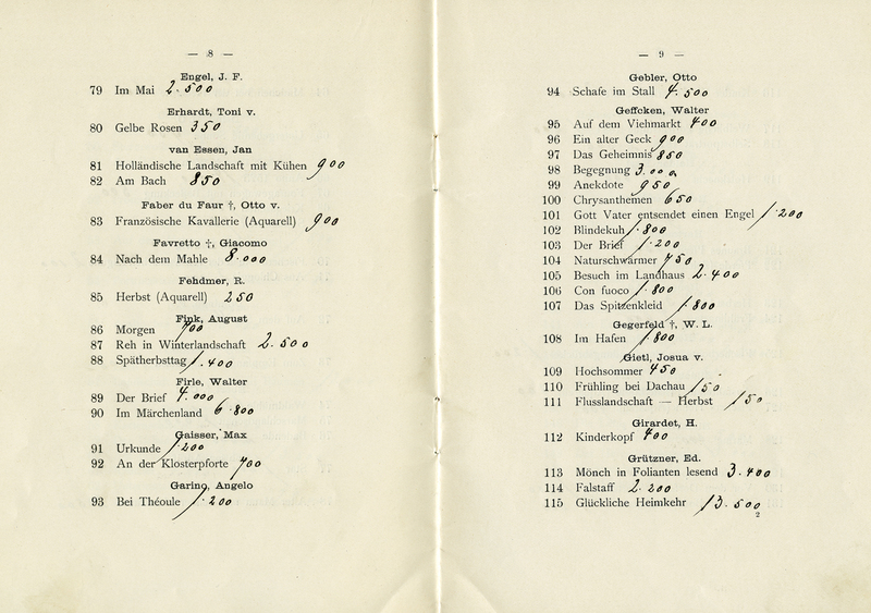 Annotationen in den Katalogen der Galerie Heinemann, 1911 Durch annotierte Kataloge, also Kataloge, die mit handschriftlich hinzugefügten Informationen angereichert wurden, können Preise, Einlieferer und Käufer offengelegt werden. Somit werden sie zu einer wichtigen Quelle für die Provenienzforschung. Quelle: Galerie Heinemann, Januar 1911, München 1911 (Zentralinstitut für Kunstgeschichte, Bibliothek, XE-He 90/30(2,50 R).