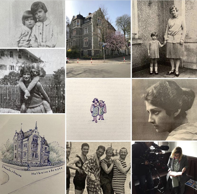 Collage im Uhrzeigersinn: 1. (Ulli & Renate Götz, ca. 1927) 2. (Holbeinstraße 8, 2021) 3. (Ulli mit ihrer Mutter Lilli Götz, geb. Günther) 4. (Elsbet Götz, ca. 1917) 5. (Jenny Steltzer, Dreharbeiten für DMAO 2021) 6. (Oswald Götz, 2.v.li.) 7. (Holbeinstraße 8, Zeichnung von Renate Osthoff, geb. Götz) 8. (Renate und Ulli, ca. 1931) 9. (Zeichnung Renate und Ulli von Renate Osthoff, geb. Götz) alle Fotos privat